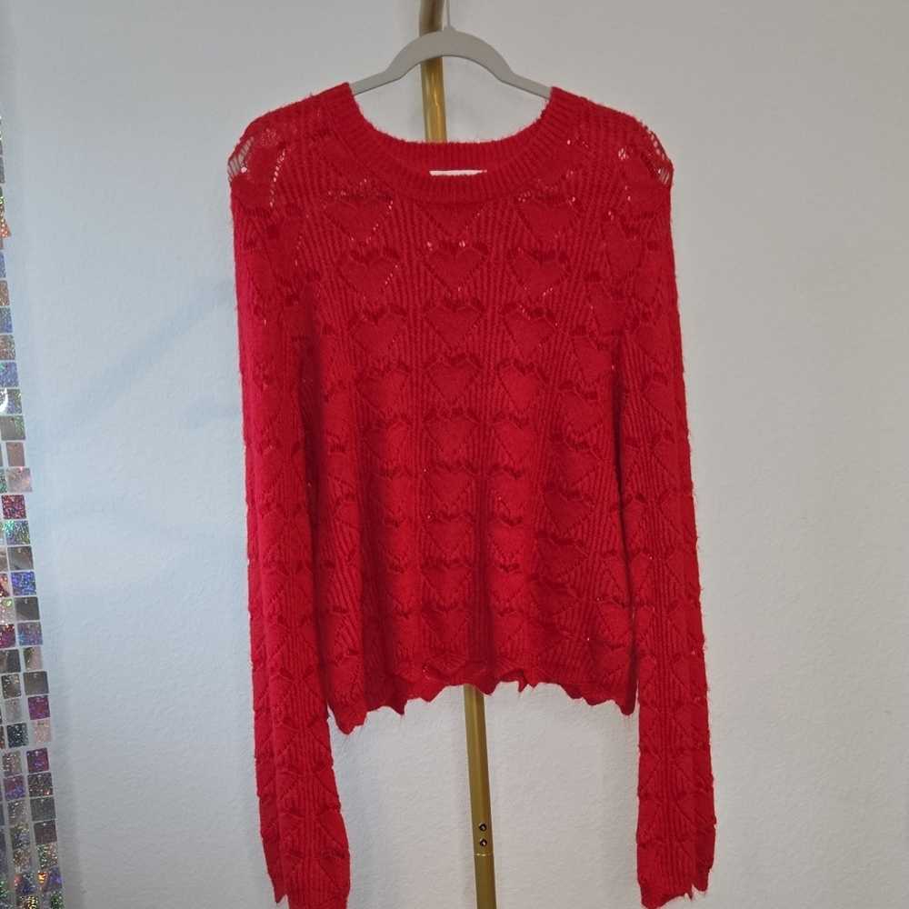 Hooked Up by IOT Vibrant Red Heart Knit Sweater